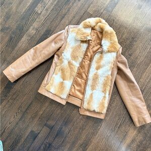 Camel Leather Jacket with Real Fur Trim